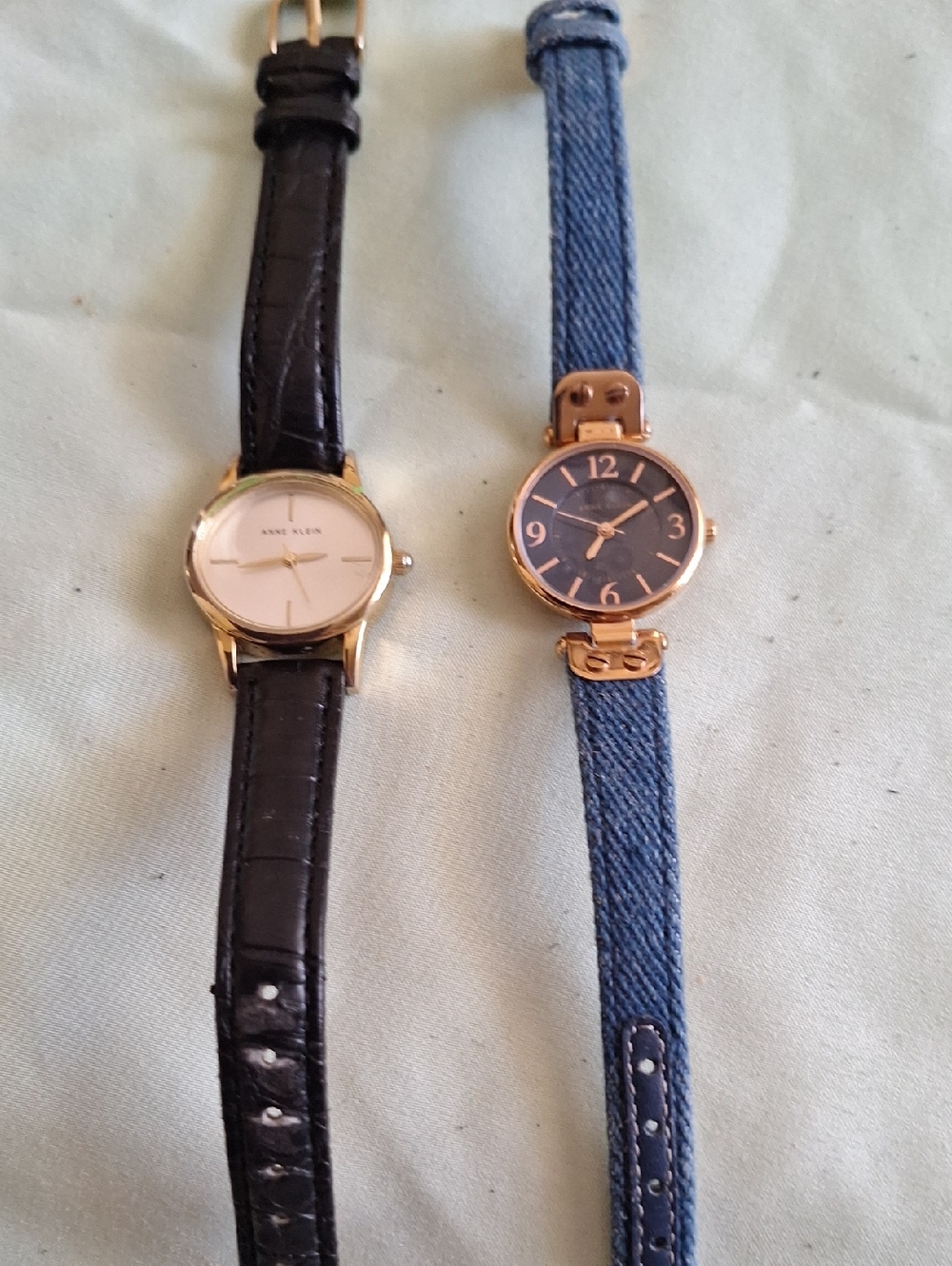 Anne Klein Gold-Tone Watch with Black Leather Strap and Blue Fabric Strap Option